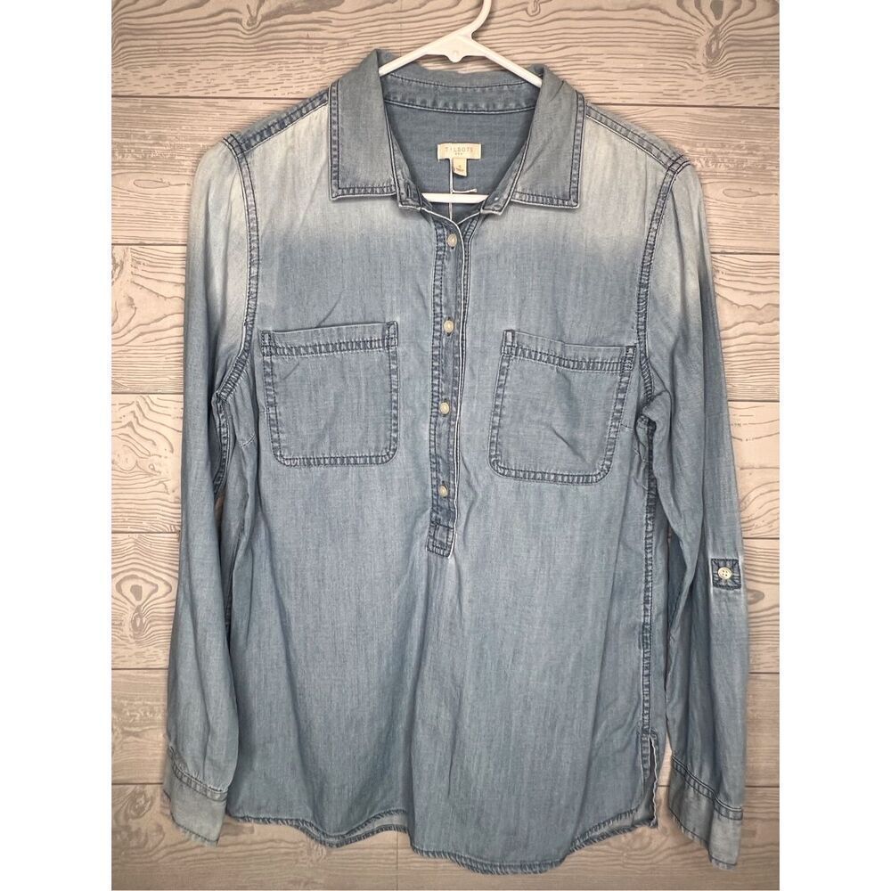 Talbots Light Blue Denim Half Button Down Shirt